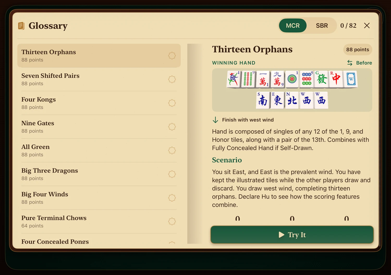 The Mahjong Space glossary, with a list of winning hands and a Thirteen Orphans example